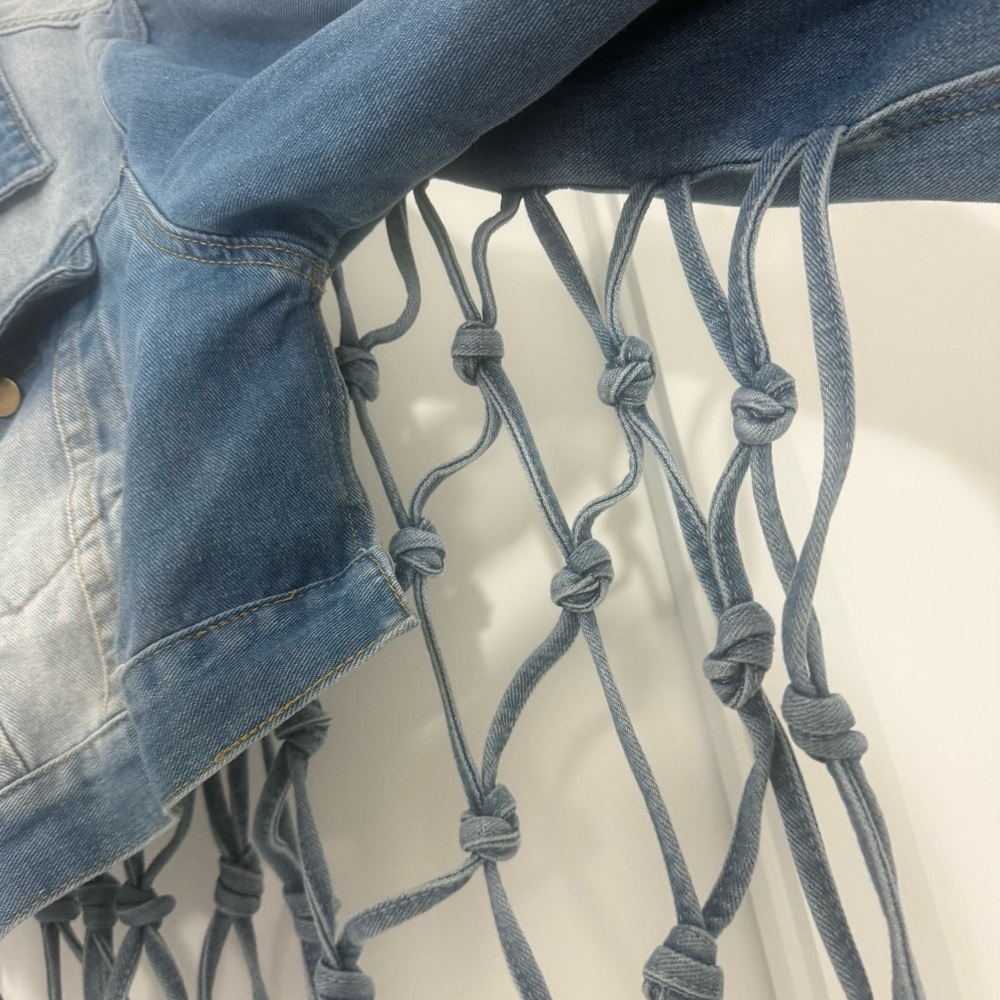 Cropped Denim Fringe Jean Jacket Back Hollow Out Knotted Tassel Distressed XXL - Picture 6 of 14